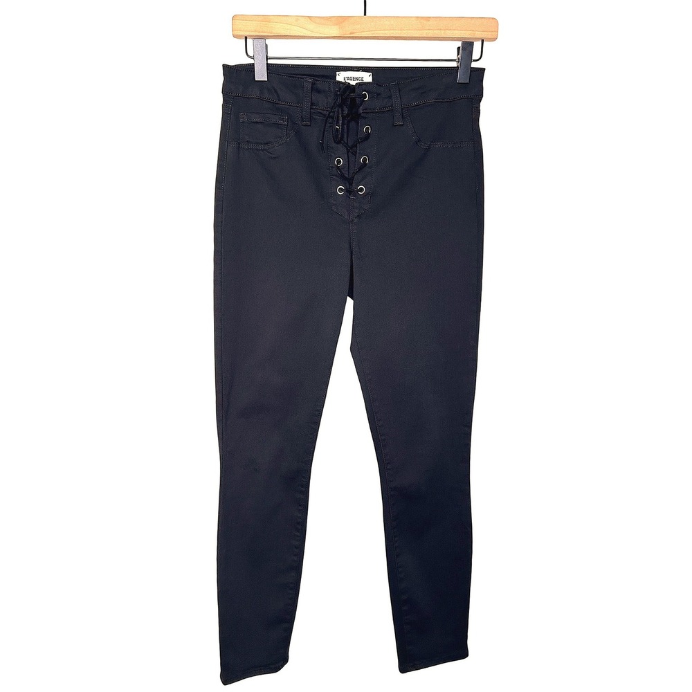 L'Agence Cherie High Rise Skinny Jeans Noir Black Lace Up Front Size 27 Slimming
